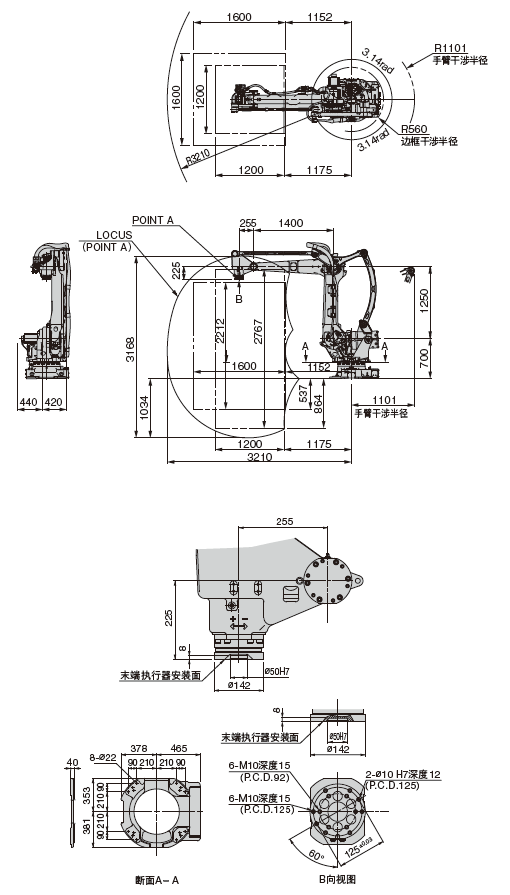 外形尺寸及动作范围 LP130F