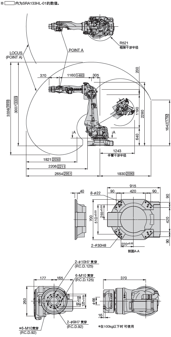 SRA100H/SRA133HL 外形尺寸及动作范围